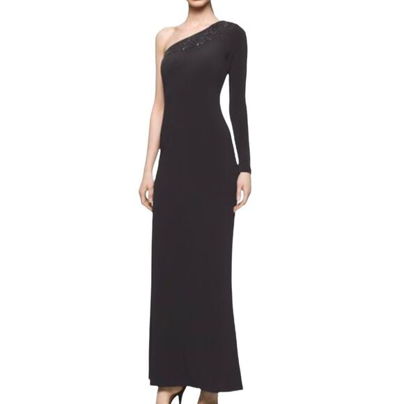 Calvin klein One Shoulder Single Sleeve Sexy Sequin Trim Floor Length Dress Gown - Picture 1 of 11